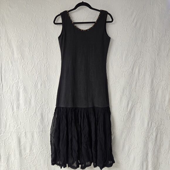 Express Black Beaded Dropwaist Flapper Dress Cotton Women Small 90s Art Deco - Picture 5 of 8